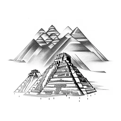 Inca and Mayan pyramids merging into a futuristic cityscape tattoo design idea