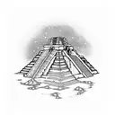 Inca and Mayan pyramids merging into a futuristic cityscape tattoo design idea