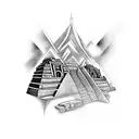 Inca and Mayan pyramids merging into a futuristic cityscape tattoo design idea