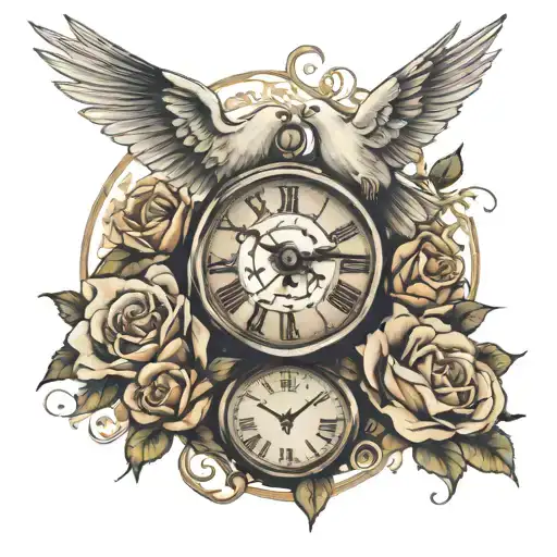 Clock, dove and roses sleeve tattoo design idea