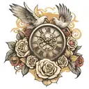 Clock, dove and roses sleeve tattoo design idea