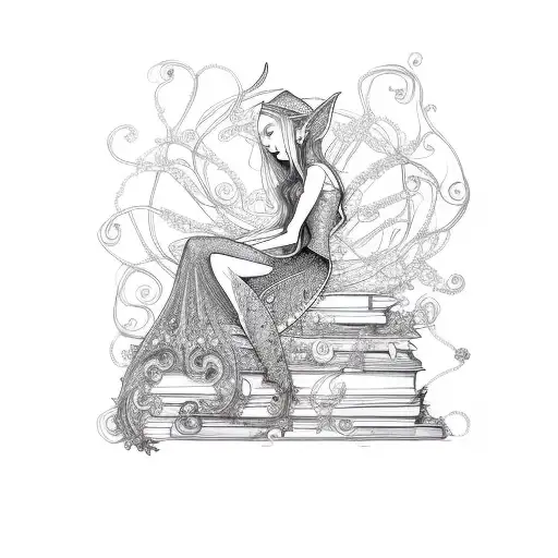 An elegant elf fairy sitting on a book, surrounded by swirling vines tattoo design idea