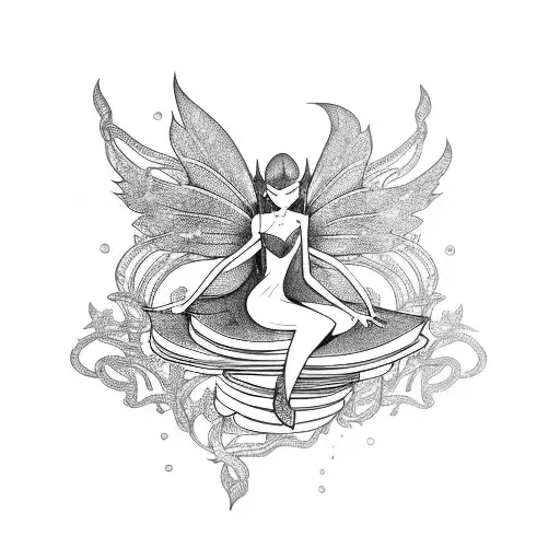 An elegant elf fairy sitting on a book, surrounded by swirling vines tattoo design idea