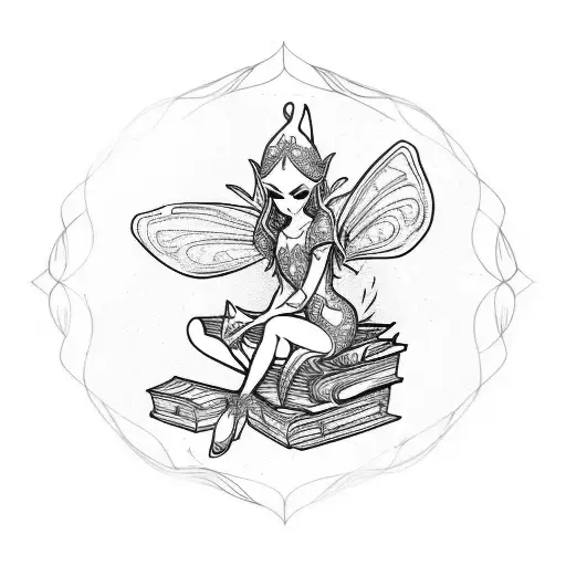 An elegant elf fairy sitting on a book, surrounded by swirling vines tattoo design idea
