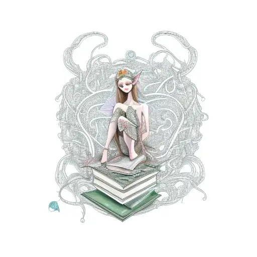An elegant elf fairy sitting on a book, surrounded by swirling vines tattoo design idea