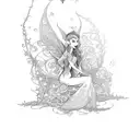 An elegant elf fairy sitting on a book, surrounded by swirling vines tattoo design idea