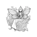 An elegant elf fairy sitting on a book, surrounded by swirling vines tattoo design idea