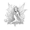 An elegant elf fairy sitting on a book, surrounded by swirling vines tattoo design idea