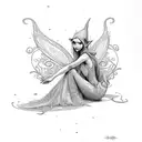 An elegant elf fairy sitting on a book, surrounded by swirling vines tattoo design idea