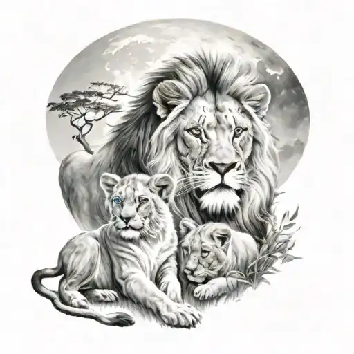 lion with 3 cubs full moon tattoo design idea