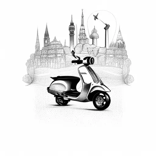 A detailed sketch of a Vespa scooter surrounded by iconic landmarks from around the world tattoo design idea