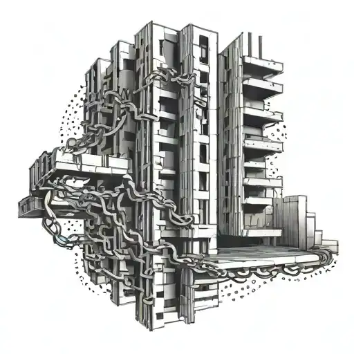 An abstract representation of a chain weaving through a brutalist building tattoo design idea