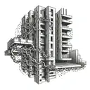 An abstract representation of a chain weaving through a brutalist building tattoo design idea