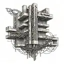 An abstract representation of a chain weaving through a brutalist building tattoo design idea