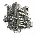 An abstract representation of a chain weaving through a brutalist building tattoo design idea