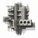 An abstract representation of a chain weaving through a brutalist building tattoo design idea