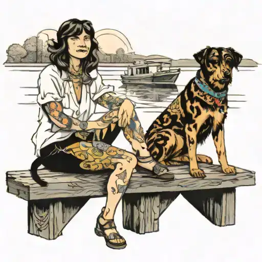 70s woman on dock with dog beside her tattoo design idea