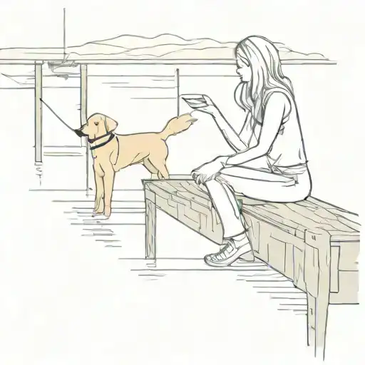 blonde woman in bell bottoms on dock with dog beside her, facing water tattoo design idea