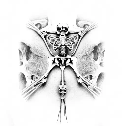 An intricate x-ray design of a human skeleton in a bondage position, incorporating elements of bdsm tattoo design idea