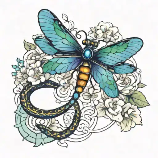 dragonfly,snake with birthstone and larkspur flowers  tattoo design idea