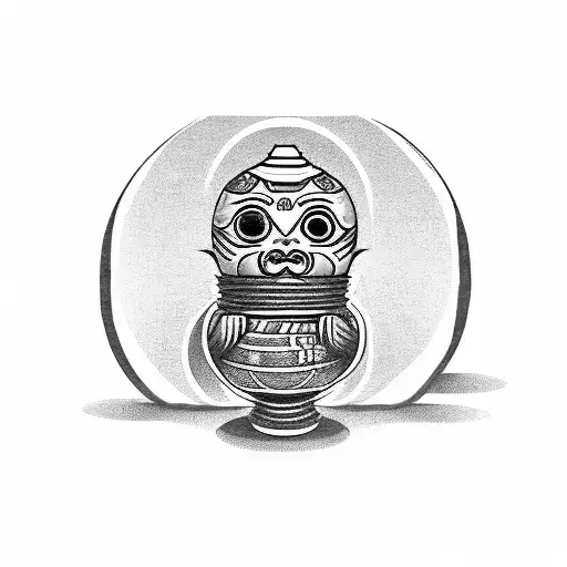 Japanese Daruma Doll tattoo in black, white and gray. Background with japan coins tattoo design idea