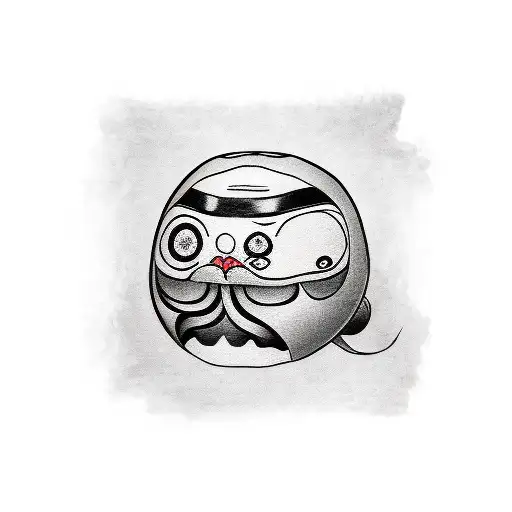 Japanese Daruma Doll tattoo in black, white and gray. Background with japan coins tattoo design idea