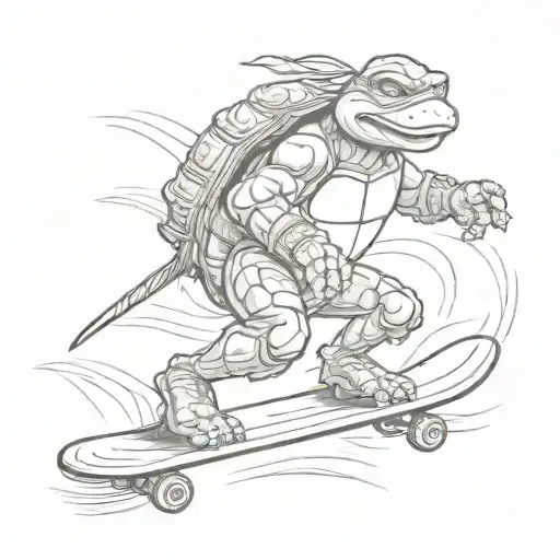 About 6-7 inch tall, one teenage,mutant ninja turtle riding a skateboard and eating a slice of pizza tattoo design idea