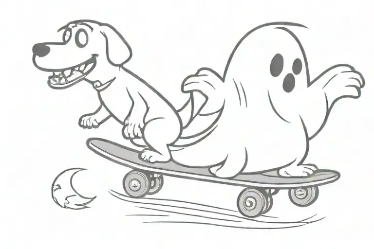 cartoon ghost riding skateboard walking ghost dog tattoo design idea