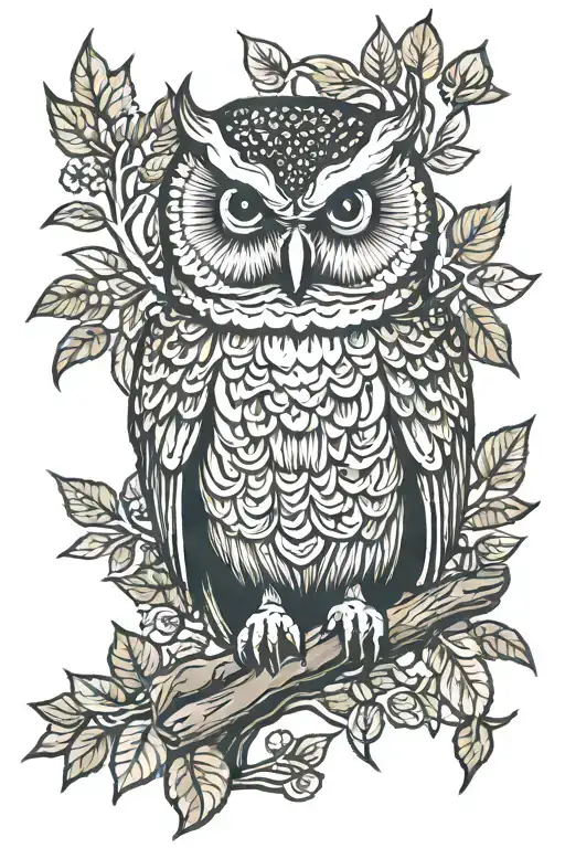 owl perched on a branch tattoo design idea