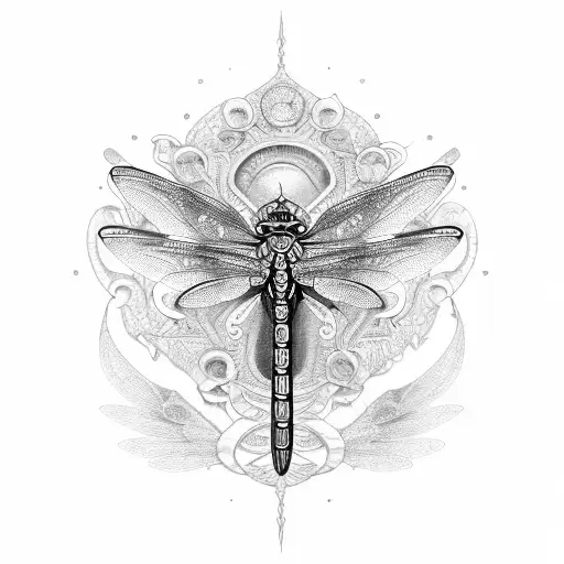 A motorcycle engine designed with intricate animal patterns like a dragonfly, lion, and eagle tattoo design idea