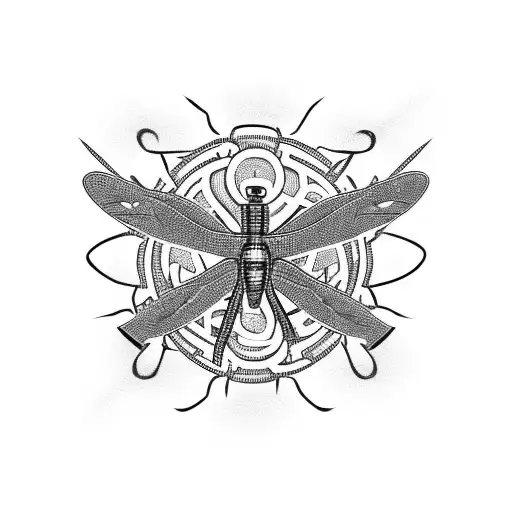 A cross made of motorcycle chains with dragonflies flying around it tattoo design idea
