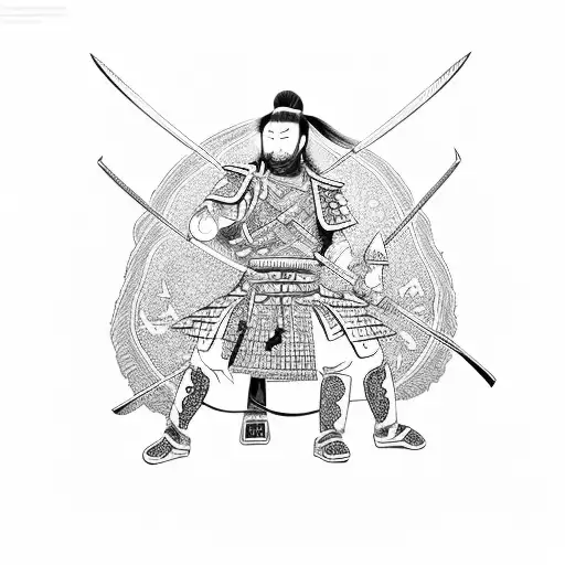 A samurai warrior battling a mythical creature in a traditional Japanese landscape tattoo design idea