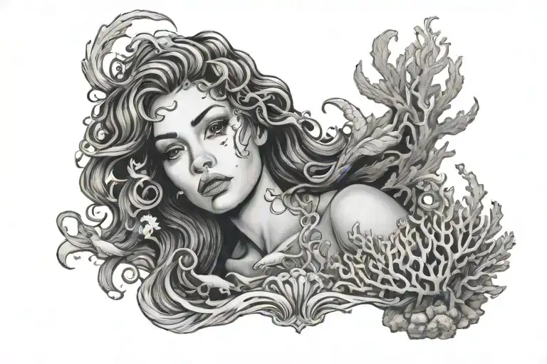 A black and grey portrait of a siren gracefully swimming among coral reefs, with a scuba diver in the background tattoo design idea
