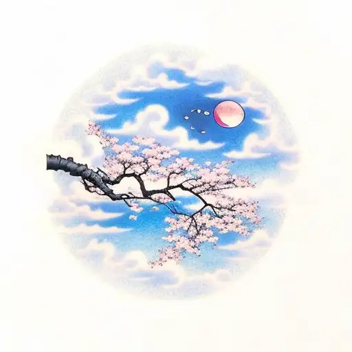sky blue sky with crescent moon wrapped around cherry blossoms and some clouds. tattoo design idea