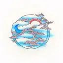 sky blue sky with crescent moon wrapped around cherry blossoms and some clouds. tattoo design idea