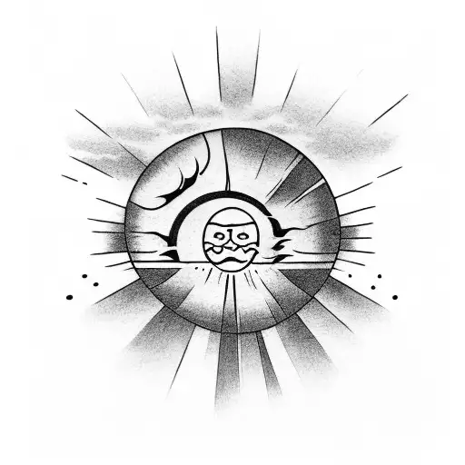 Sysyphus holding a rock with the kanji for kaizen in it and on the right side the sun with greed on it with ikarus fall tattoo design idea