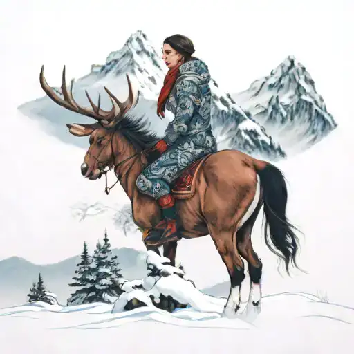 The model stands gracefully in a breathtaking snow-covered mountain range. The crisp winter air lightly brushes her flow tattoo design idea