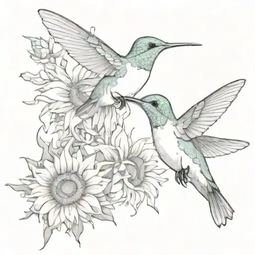 elegant hummingbird flying around a sunflower blooming tattoo design idea