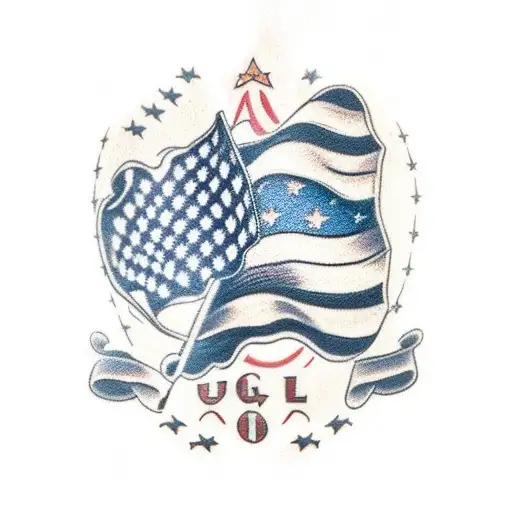 A tattoo of an American flag with a silhouette of a government building in the background tattoo design idea