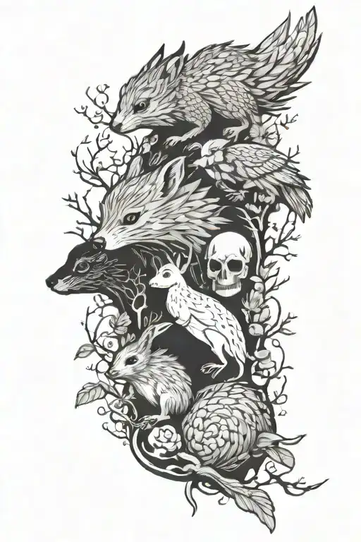 blackwork shaman and forest animals, hedgehog, hare, squirrel, mouse. dark and moody. full sleeve tattoo design idea