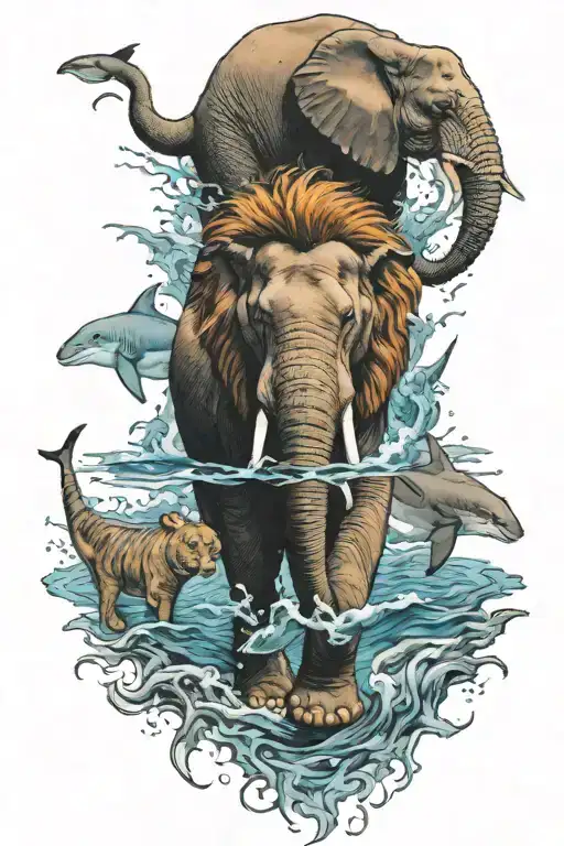 show me a full back tattoo with a elephant, lion,bald eagle,and a shark full color standing proudly  tattoo design idea