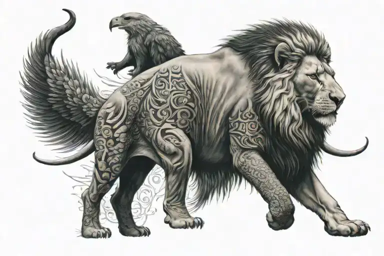 show me a full back tattoo with a elephant, lion,bald eagle,and a shark full color standing proudly  tattoo design idea