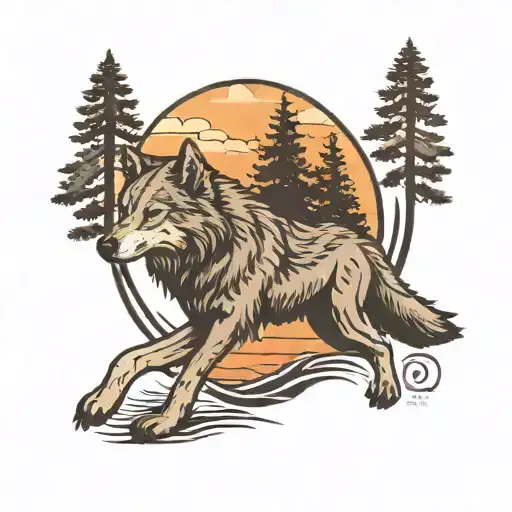 wolf with pine trees colors sunset tattoo design idea