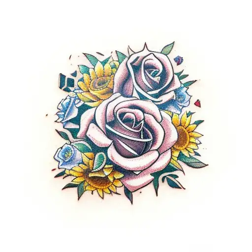 A garden of roses and sunflowers with a PlayStation controller hidden among the flowers tattoo design idea