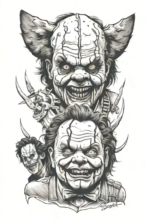 create a tattoo that showcases horror movie icons such as IT, chucky and leatherface tattoo design idea