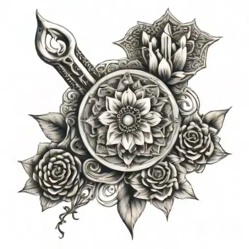 A mandala design incorporating dental tools and symbols of motherhood for your 3 children tattoo design idea