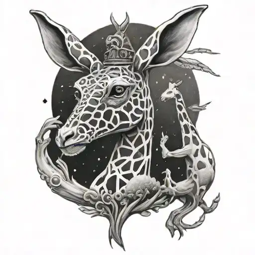 A surreal tattoo featuring a rabbit, dog, and giraffe intertwined in a cosmic theme tattoo design idea