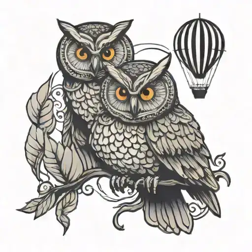 owl and hot air balloon tattoo design idea