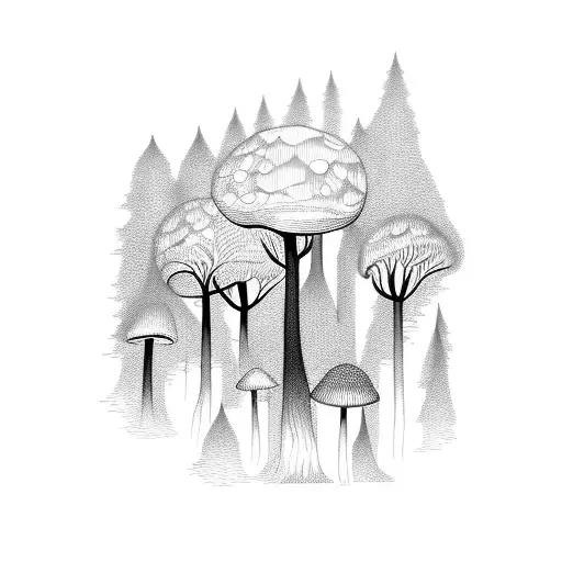 A mystical forest with towering mushroom trees tattoo design idea