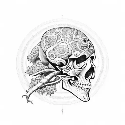 A skull surrounded by intricate patterns inspired by mushrooms and nature tattoo design idea